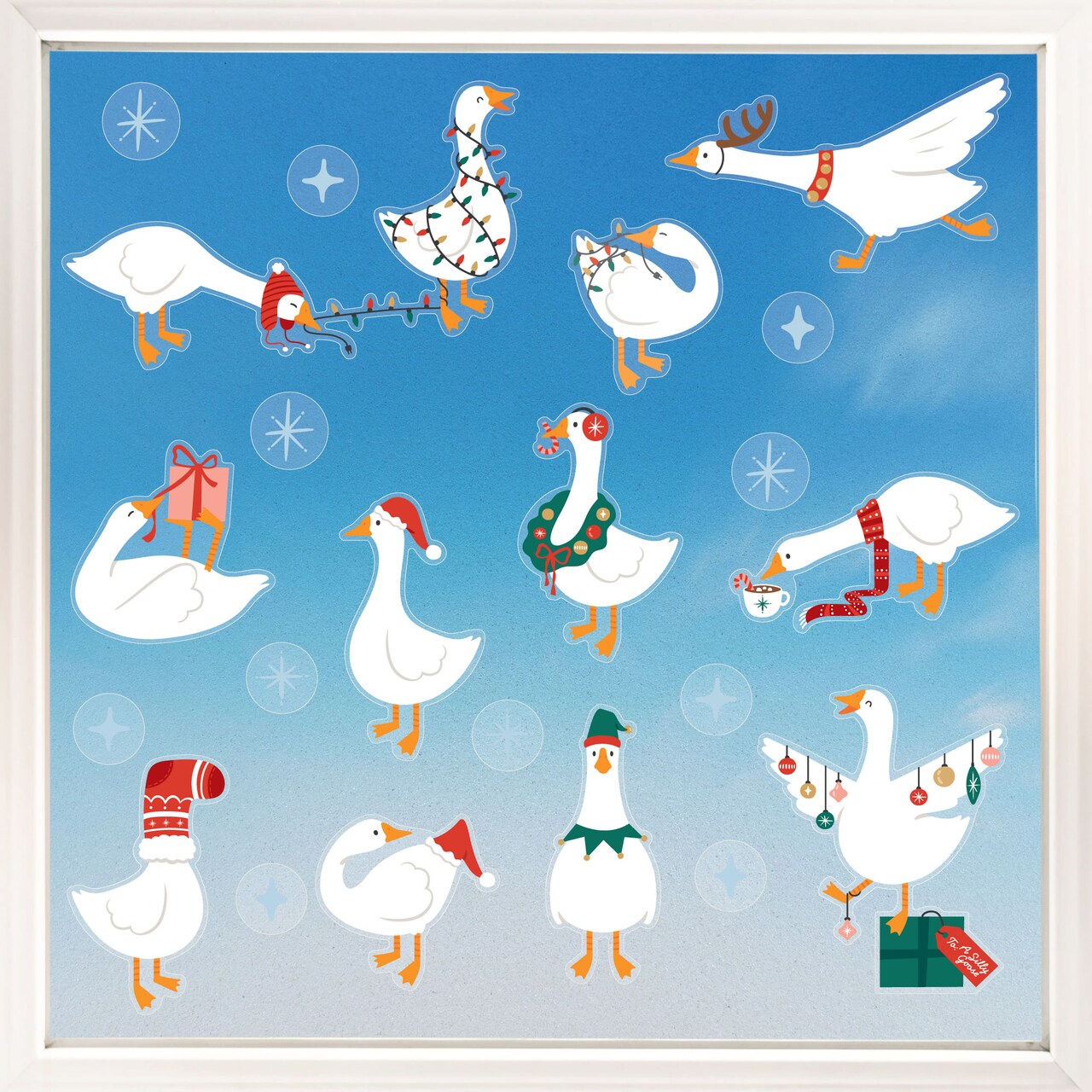 Big Dot of Happiness Christmas Silly Goose Window Clings, Reusable Winter Holiday Party Window Sticker Decor, Geese Decals, Christmas Static Clings